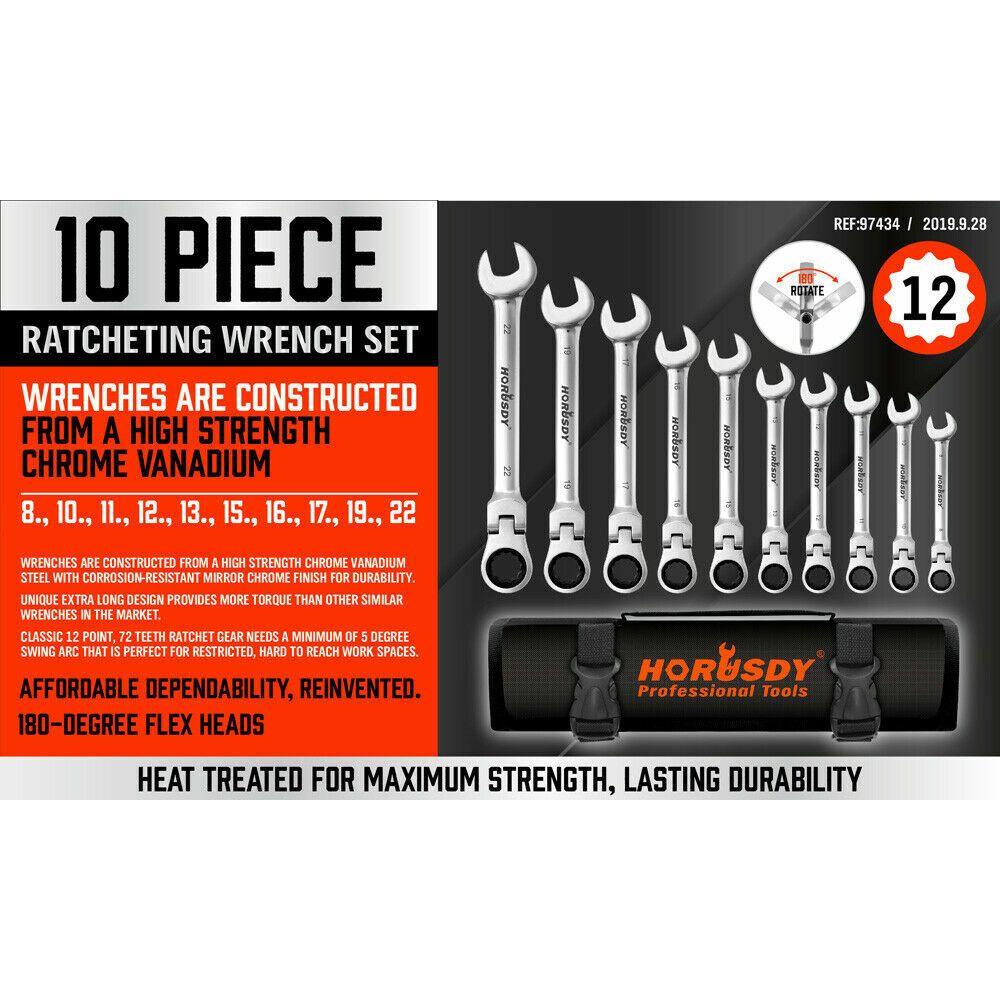 10Pc Flexible Head Ratchet Spanner Set Metric Wrench CRV With Carry Pouch 8-22MM