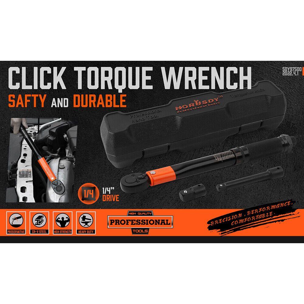 HORUSDY 3Pc 1/4" Drive Click Torque Wrench Ratchet Socket with Adaptor Extension