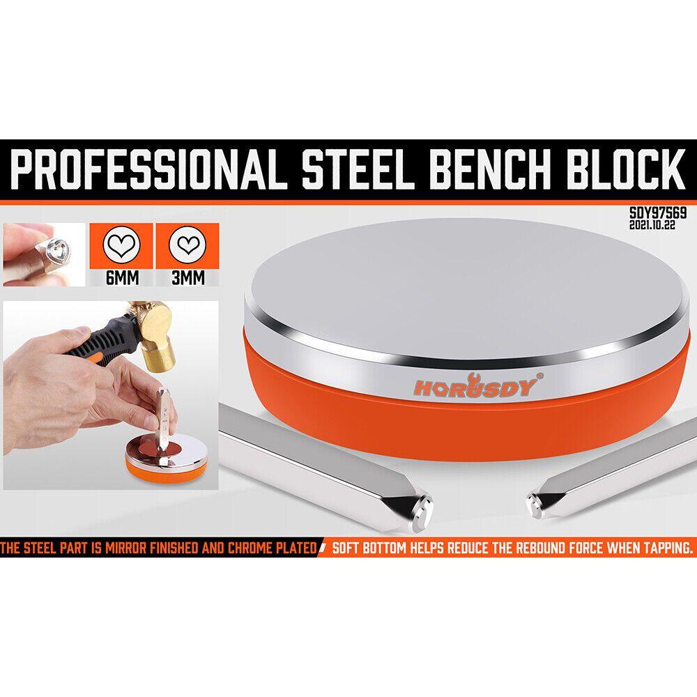 3" Steel Bench Block Round Jewelry Stamping Tool Mirror Polishing with 2-Punches
