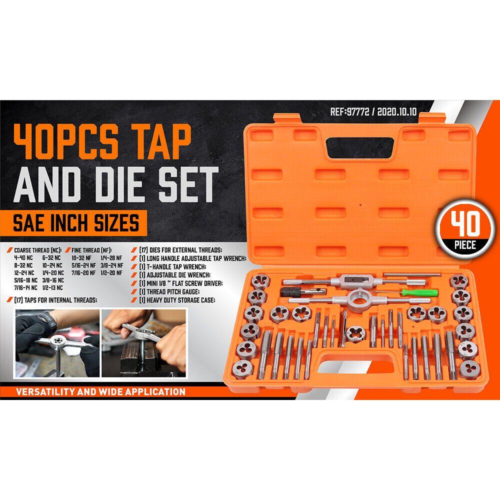40Pc Tap And Die Set Imperial SAE Screw Screwdriver Thread Drill W/t Pitch Gauge