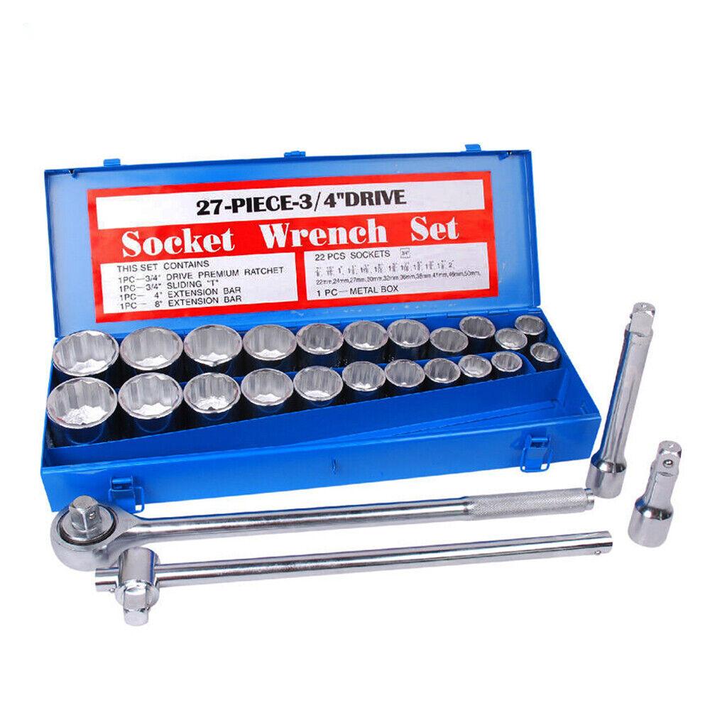 27Pc Heavy Duty Socket Wrench Set 3/4&quot; Drive Metric &amp; Imperial Extension Case