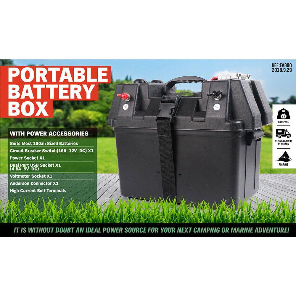 12V 100AH Deep Cycle Battery Box Portable Power Storage Marine Solar USB Camping