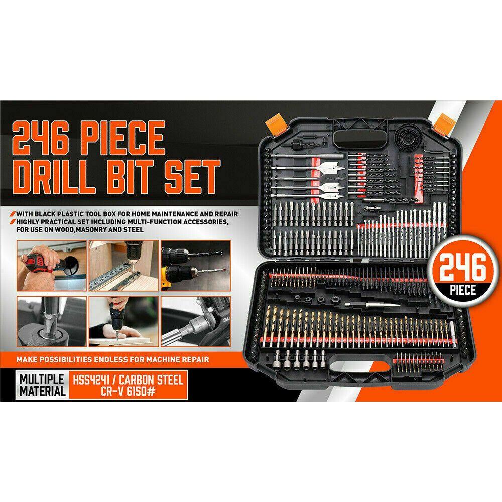 246Pc Combination Drill Bits Set Wood Hole Saw Metal Cement Screwdriver Drilling