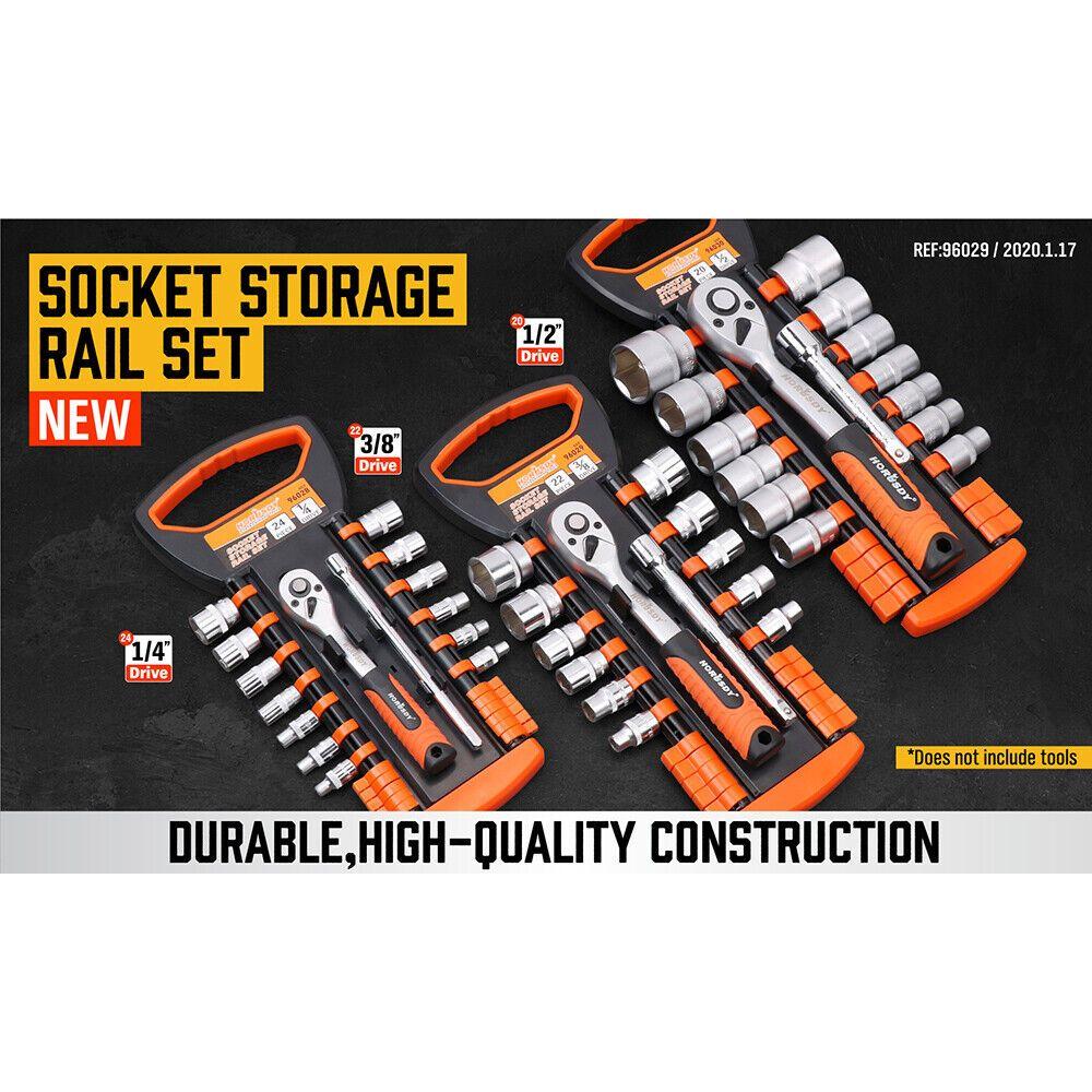 3Pc Socket Rails 66 Socket Holder Space Organiser Garage Rack 1/4" 3/8" 1/2"