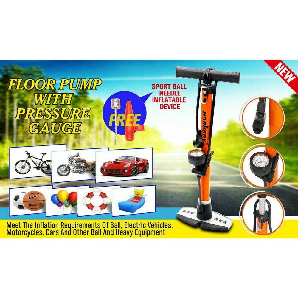 High Pressure Air Pump Bicycle Bike Alloy Floor Air Gauge Ball Balloon Nozzles