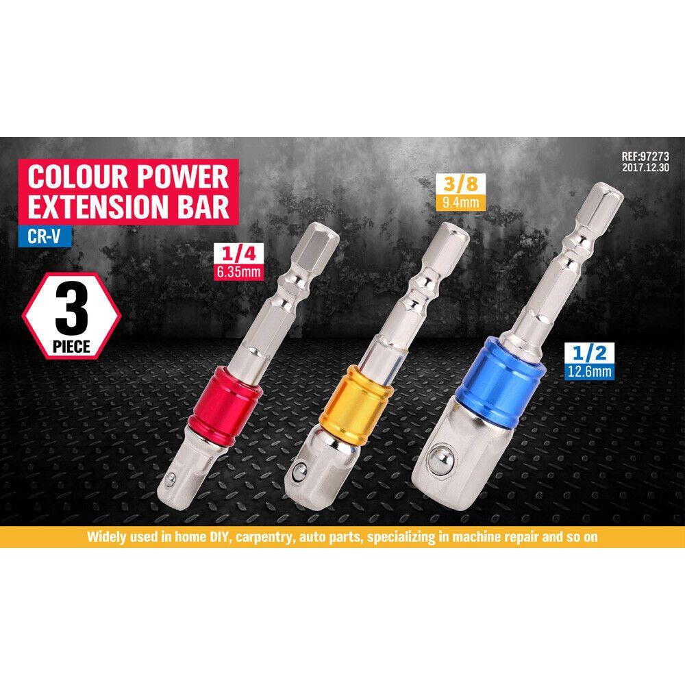 3Pc Socket Bit Adaptor Set Drill Nut Driver Power Extension Bars 1/4" 3/8" 1/2"
