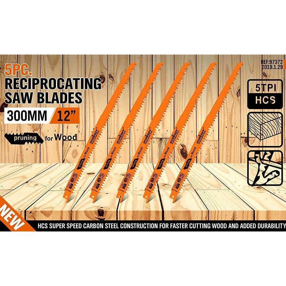 5Pc 300mm Reciprocating Saw Blades 5TPI Wood Timber Pruning Tool W/T Case
