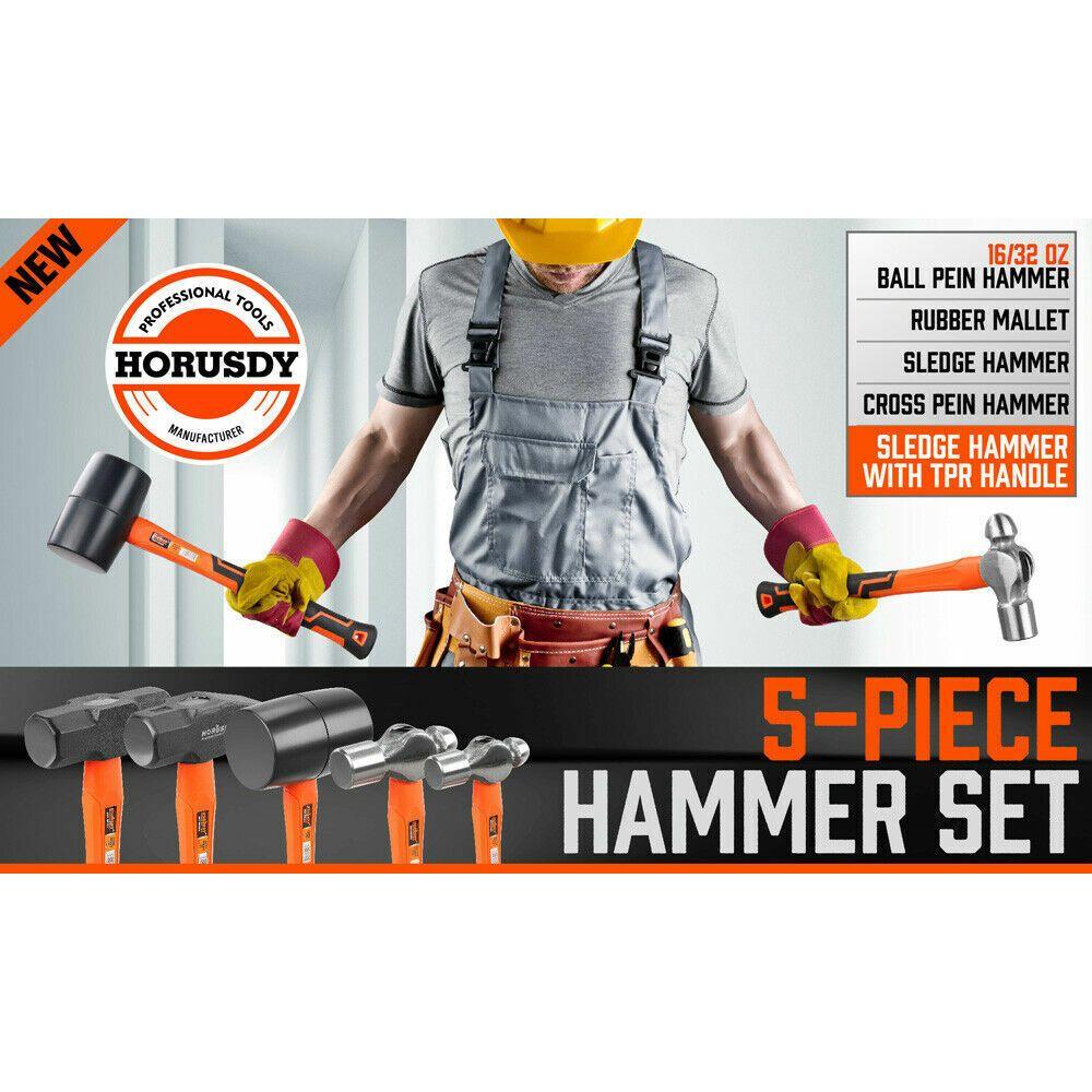 5Pc Hammer Set Rubber / Ball Pein / Sledge / Cross Pein Mallet TPR Grip Handle