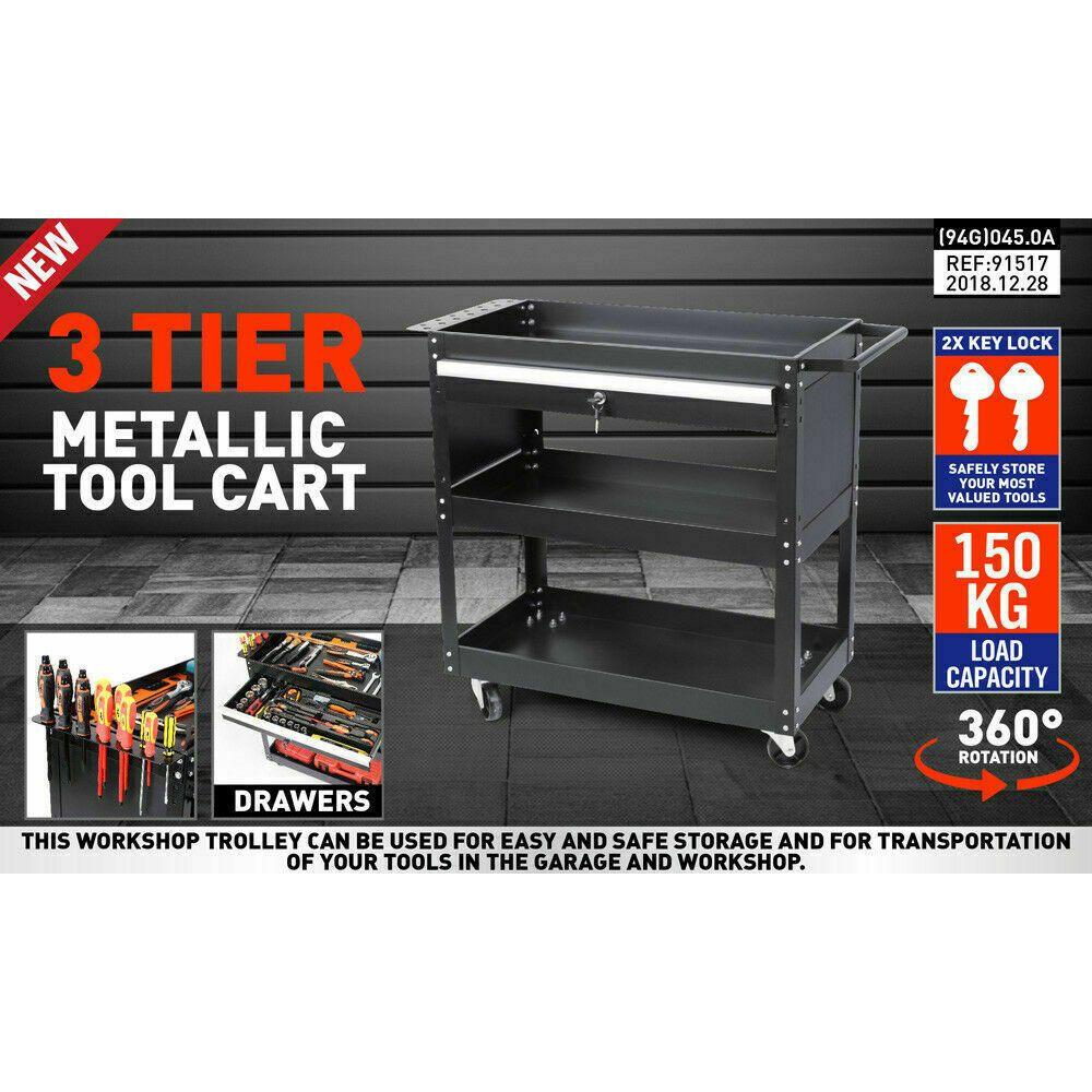 3-Tier Tool Cart Storage Trolley Lock Drawer Parts Cabinet Organizer Heavy Duty