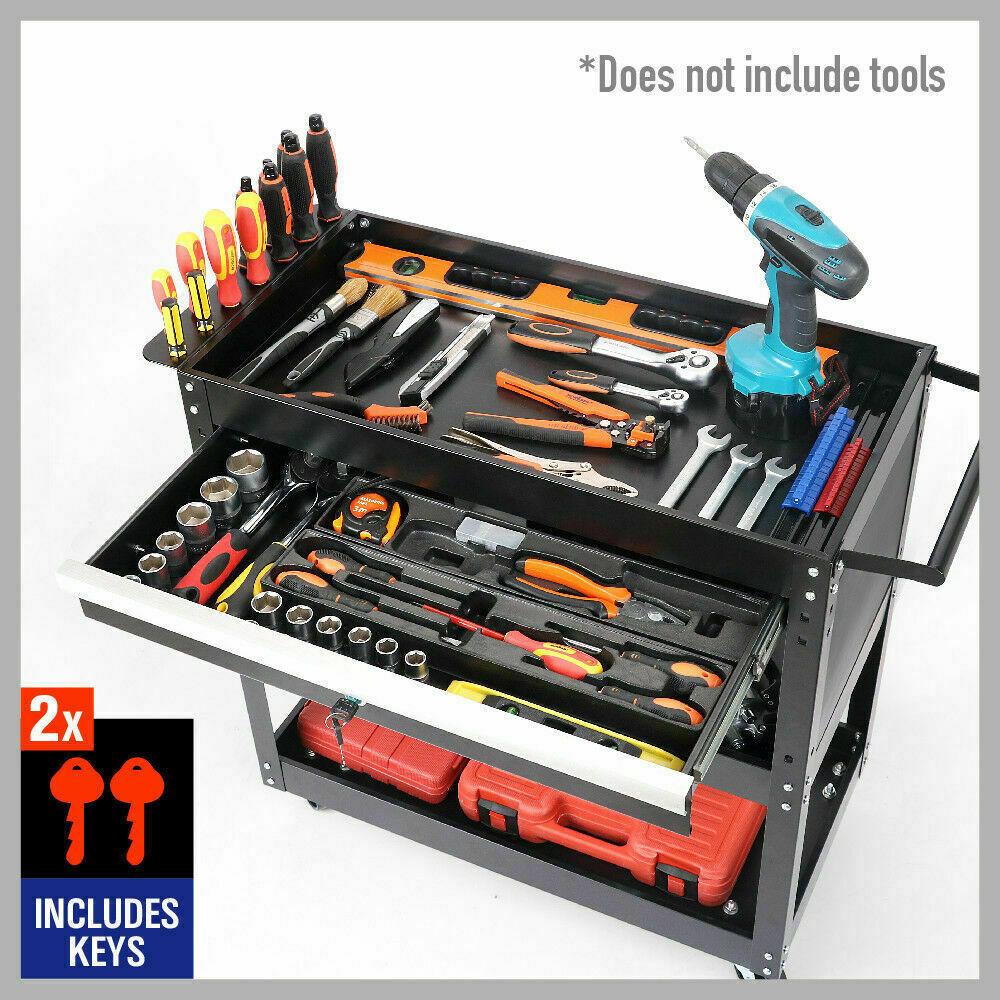 3-Tier Tool Cart Storage Trolley Lock Drawer Parts Cabinet Organizer Heavy Duty
