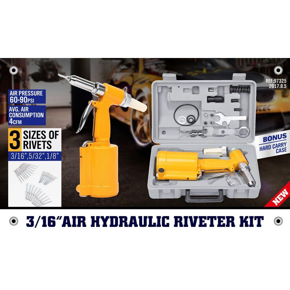 Air Hydraulic Pop Rivet Gun Pneumatic Riveter Industrial 4-Size Set With Case