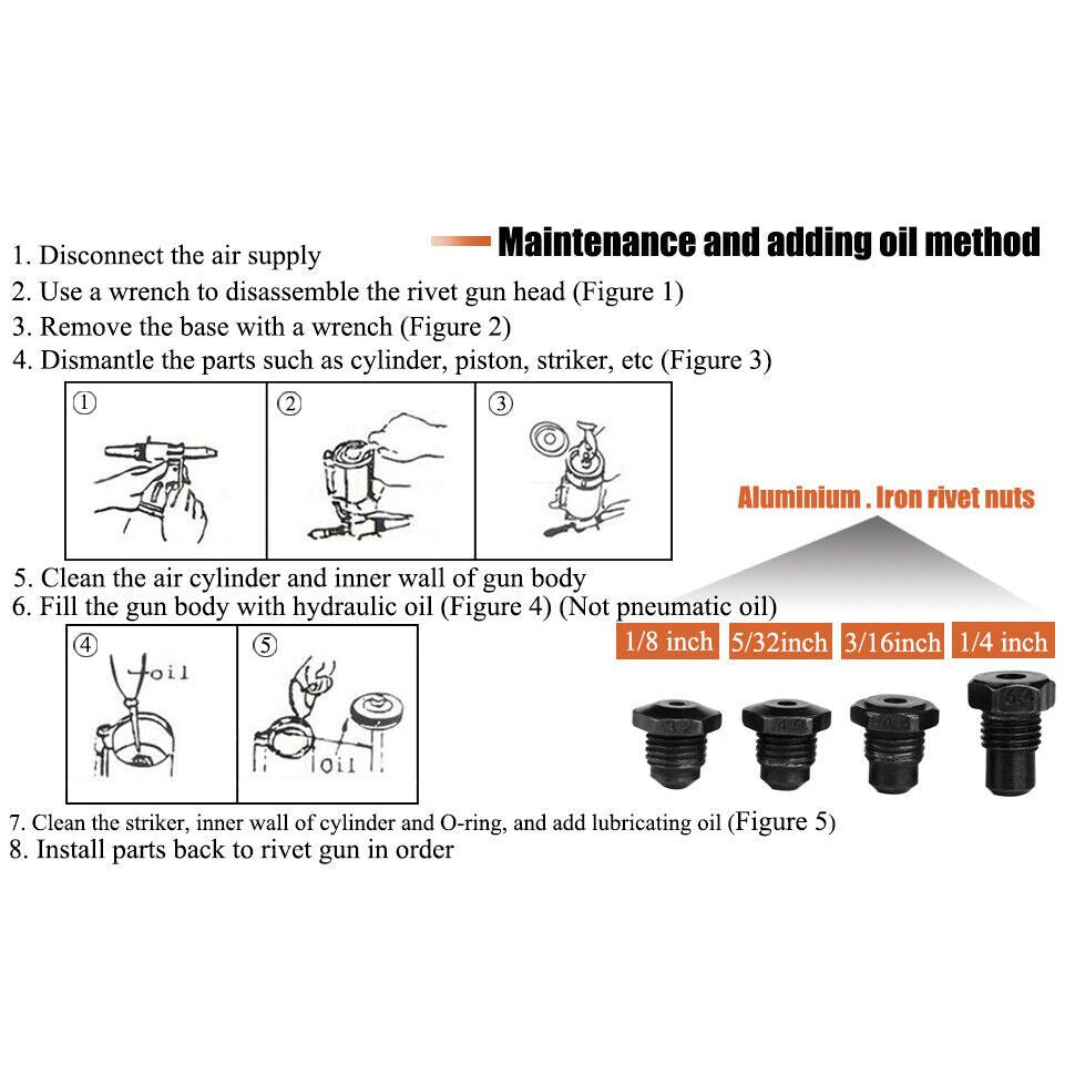 Air Hydraulic Pop Rivet Gun Pneumatic Riveter Industrial 4-Size Set With Case