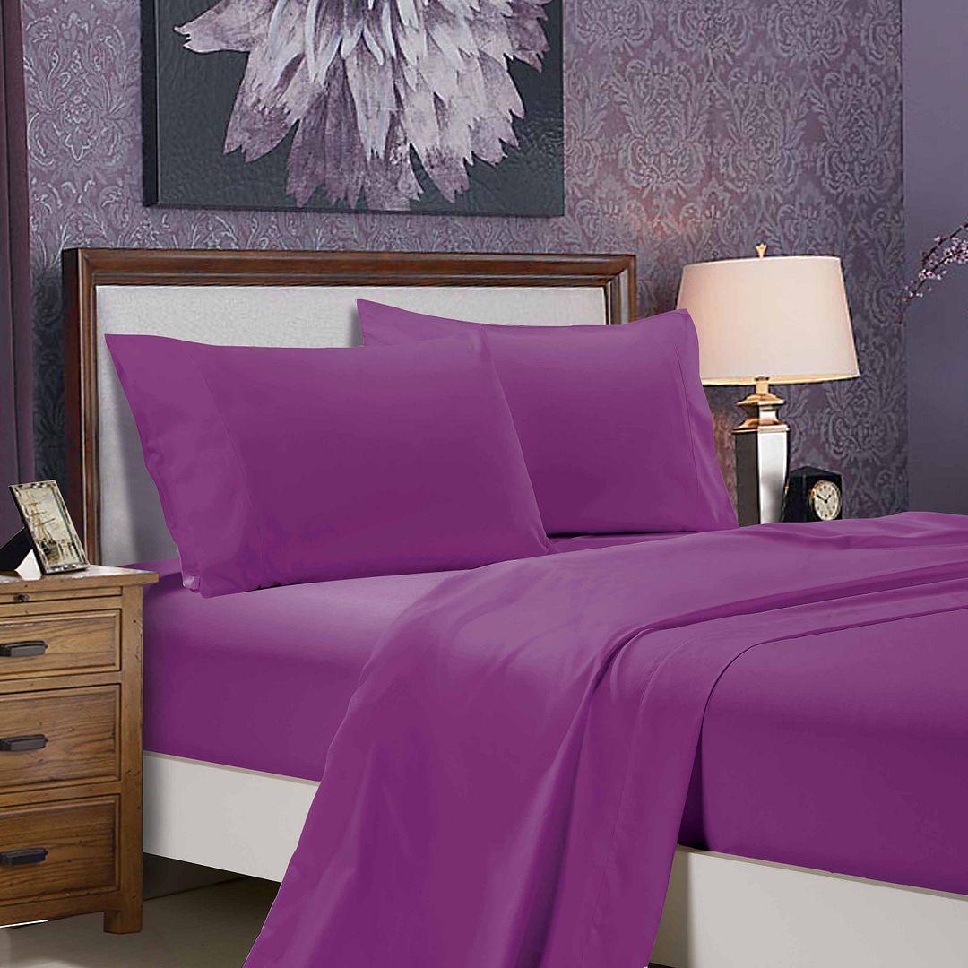 1000TC Ultra Soft Double Size Bed Purple Flat &amp; Fitted Sheet Set