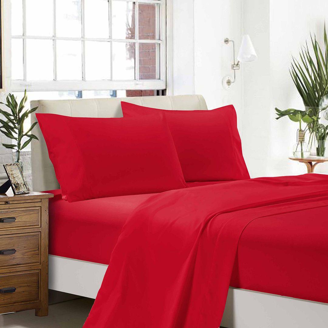 1000TC Ultra Soft Double Size Bed Red Flat &amp; Fitted Sheet Set