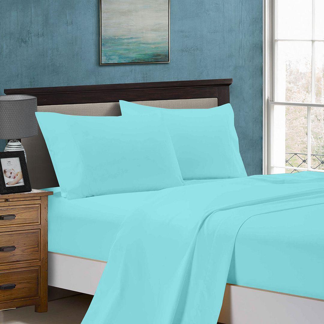 1000TC Double Size Bed Soft Flat &amp; Fitted Sheet Set Aqua