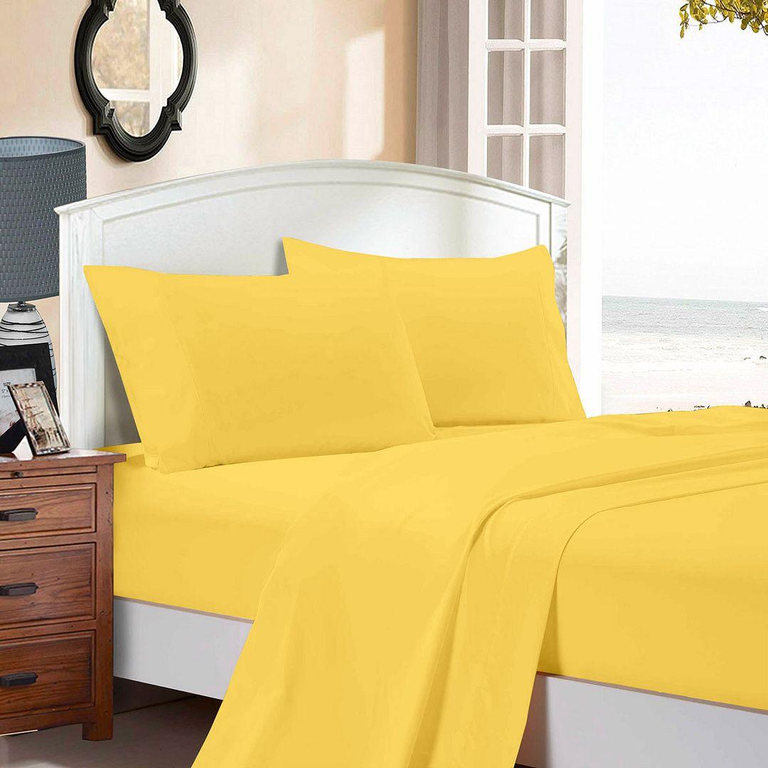 1000TC Ultra Soft Double Size Bed Yellow Flat &amp; Fitted Sheet Set