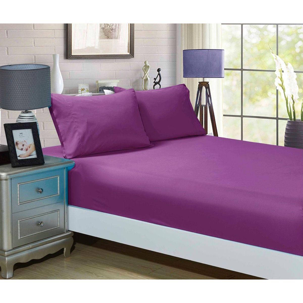 1000TC Ultra Soft Fitted Sheet &amp; 2 Pillowcases Set - King Size Bed - Purple