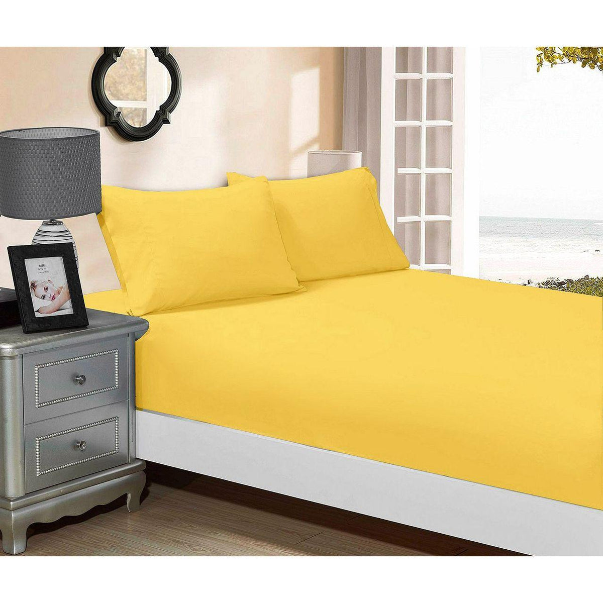 1000TC Ultra Soft Fitted Sheet &amp; 2 Pillowcases Set - King Size Bed - Yellow