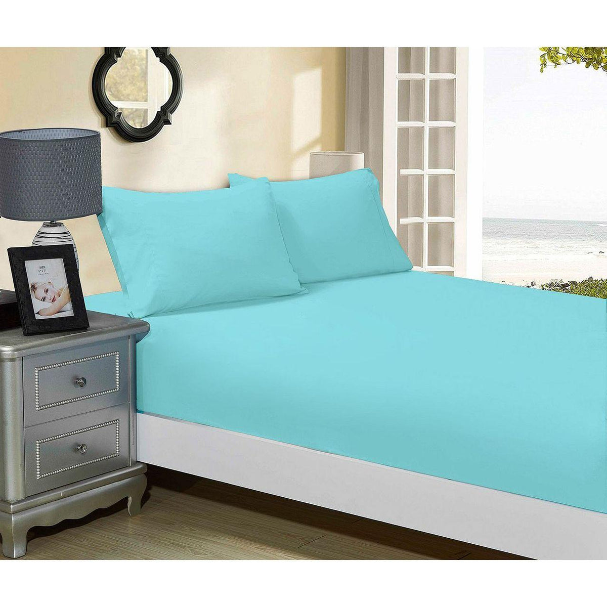 1000TC Ultra Soft Fitted Sheet &amp; 2 Pillowcases Set - Queen Size Bed - Aqua