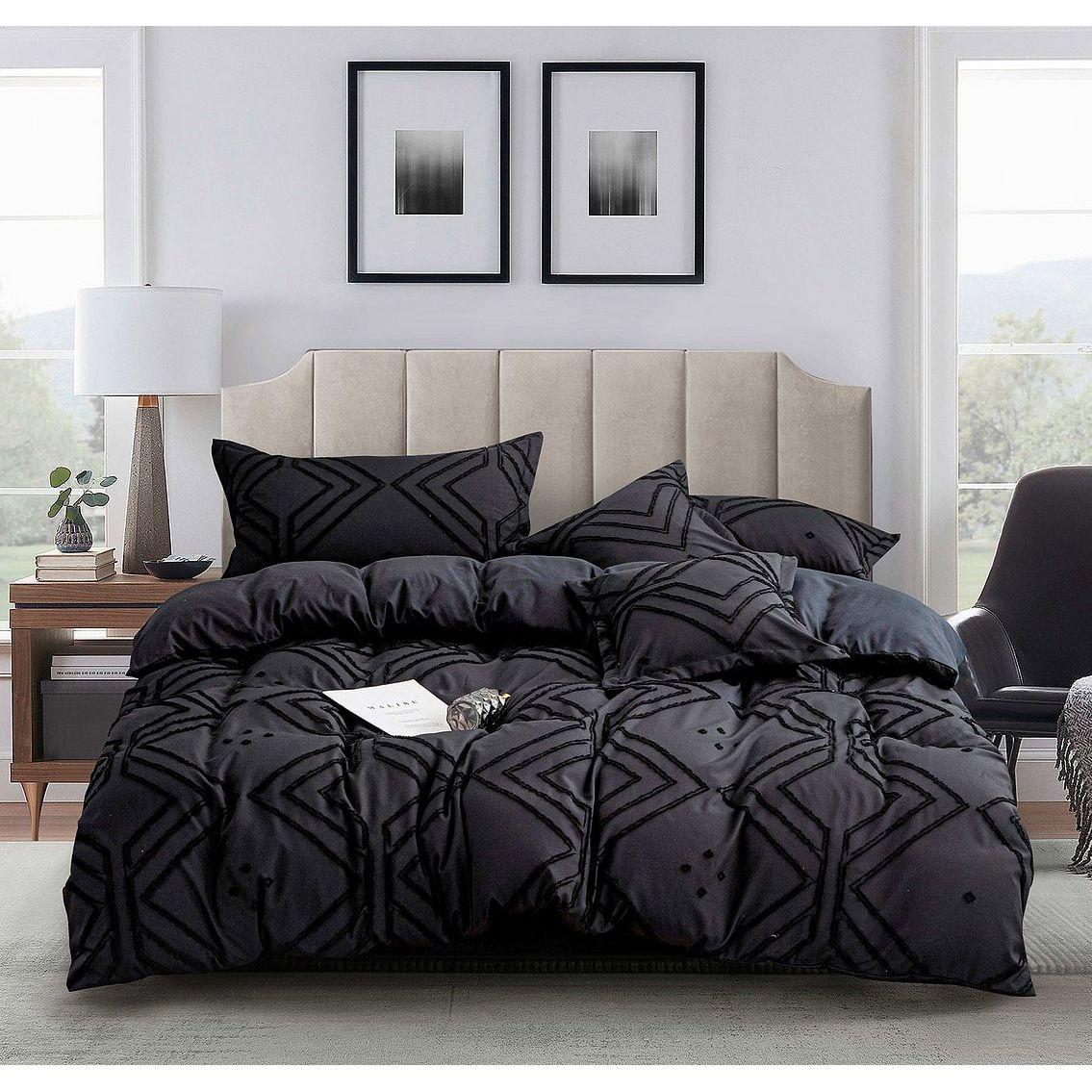 Tufted Textured Jacquard King Size Black Duvet Doona Quilt Cover Set
