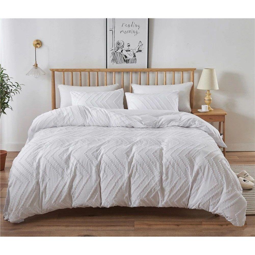 Tufted Boho Wave Jacquard King Size White Duvet Doona Quilt Cover Set