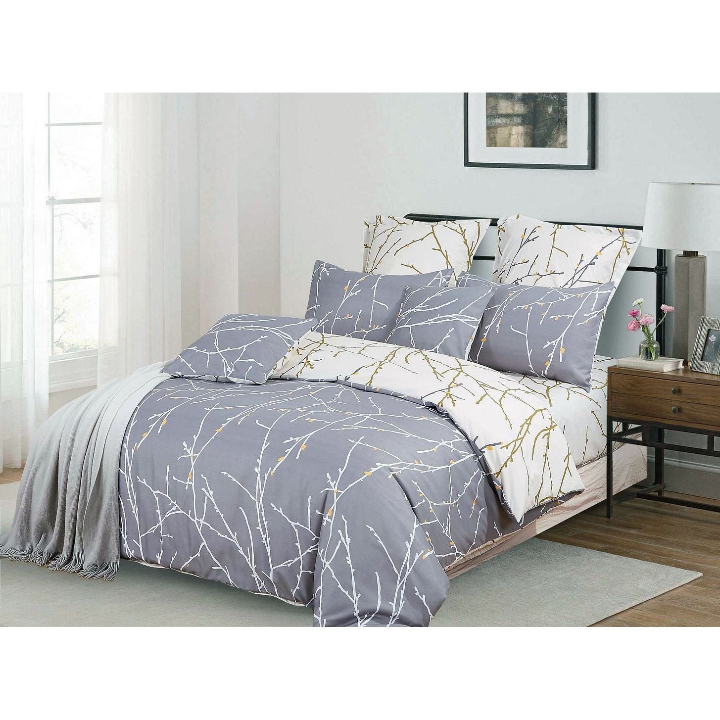 Tree Reversible Double Size Grey Duvet Doona Quilt Cover Set