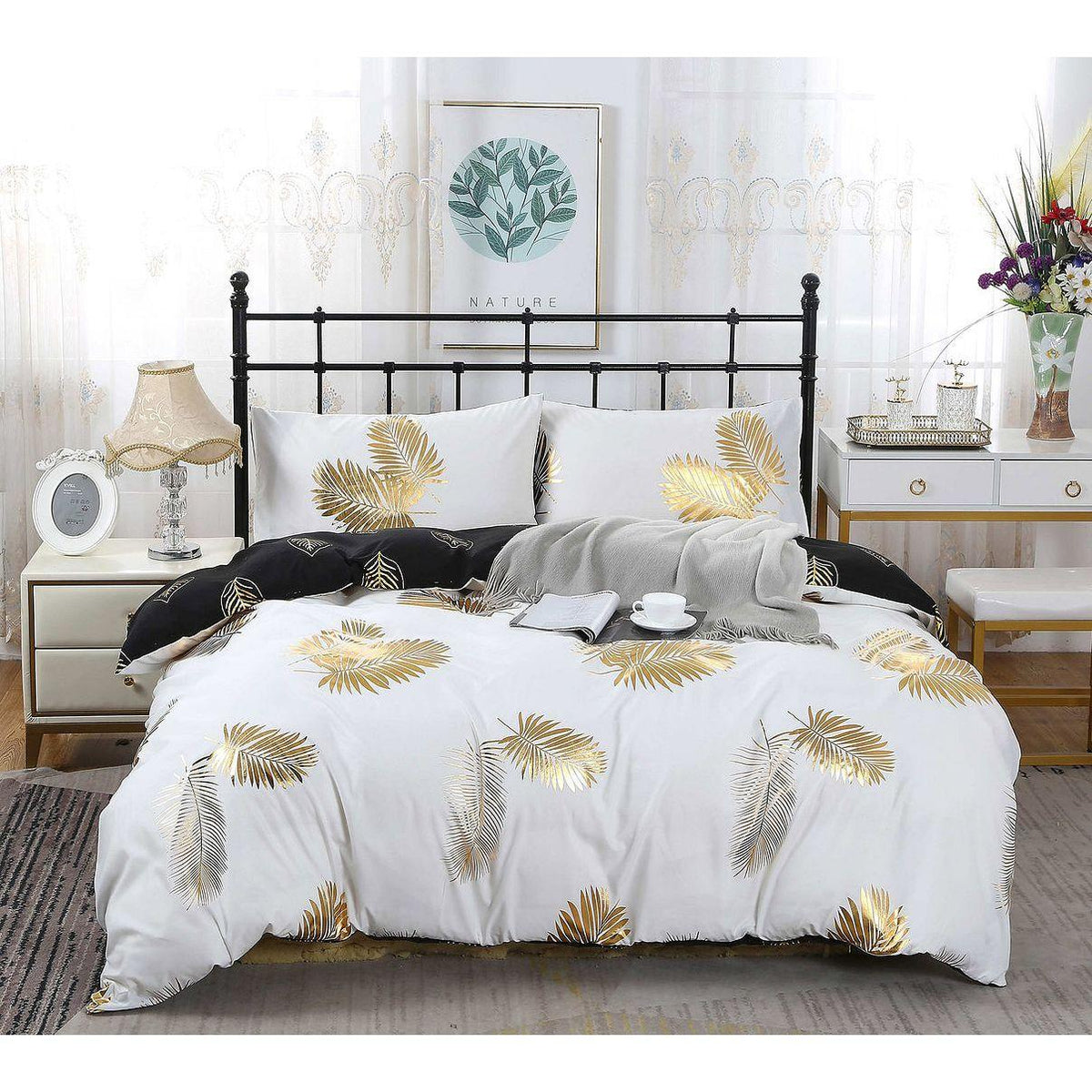 Reversible Design King Size Black Gold Duvet Doona Quilt Cover Set