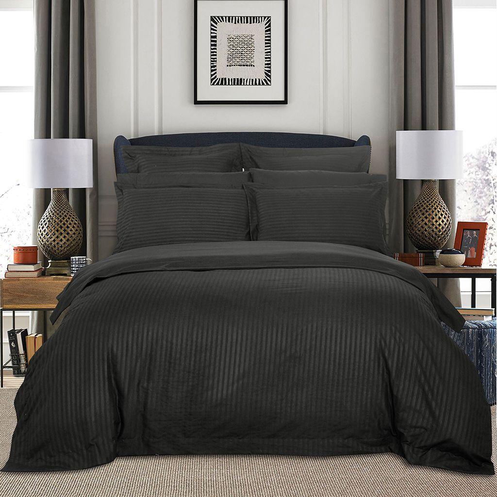 1000TC Ultra Soft Striped Queen Size Charcoal Duvet Doona Quilt Cover Set