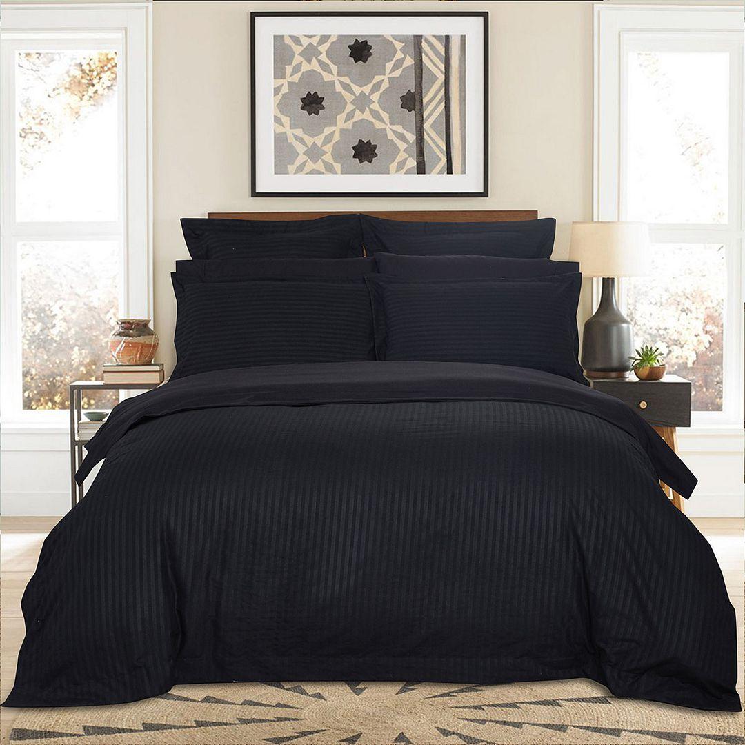 1000TC Ultra Soft Striped Super King Size Black Duvet Doona Quilt Cover Set