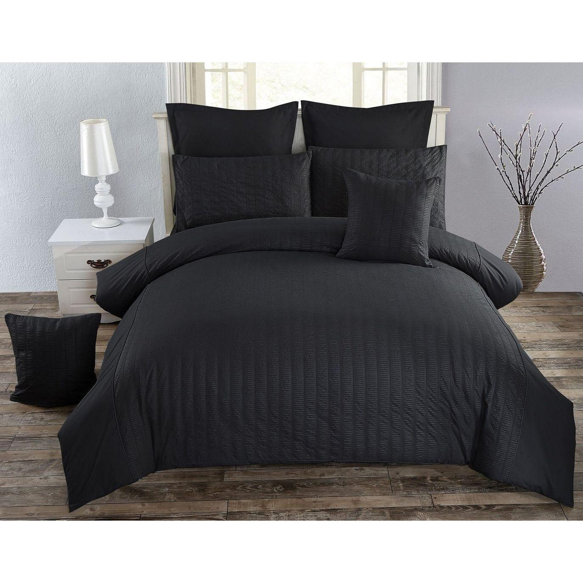 Seersucker King Size Black Duvet Doona Quilt Cover Set