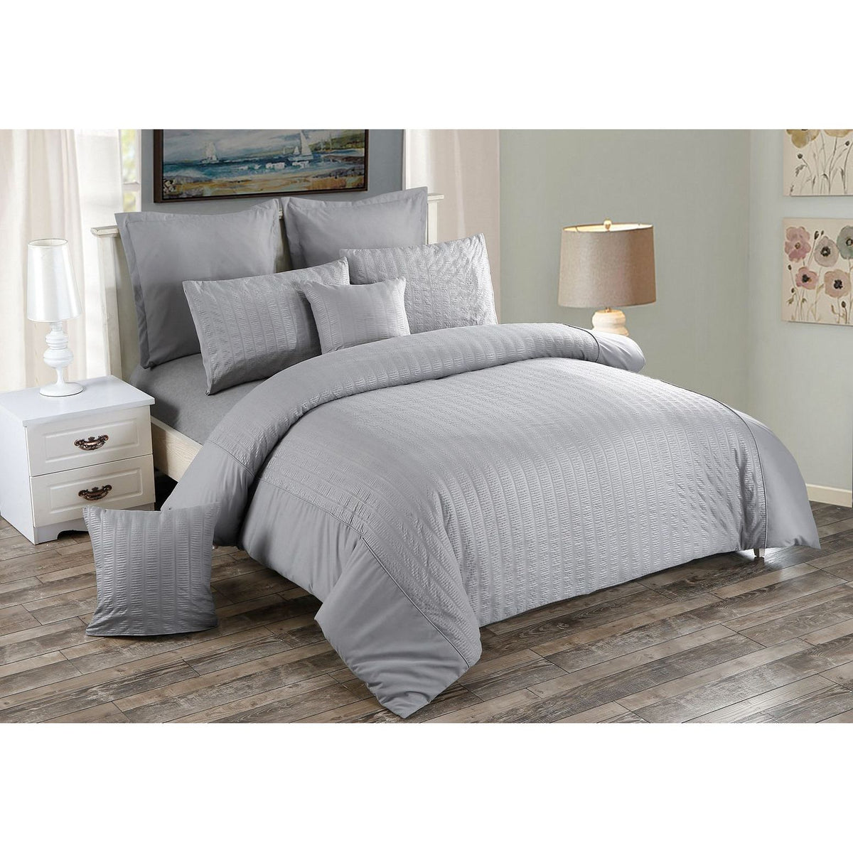 Seersucker King Size Grey Duvet Doona Quilt Cover Set