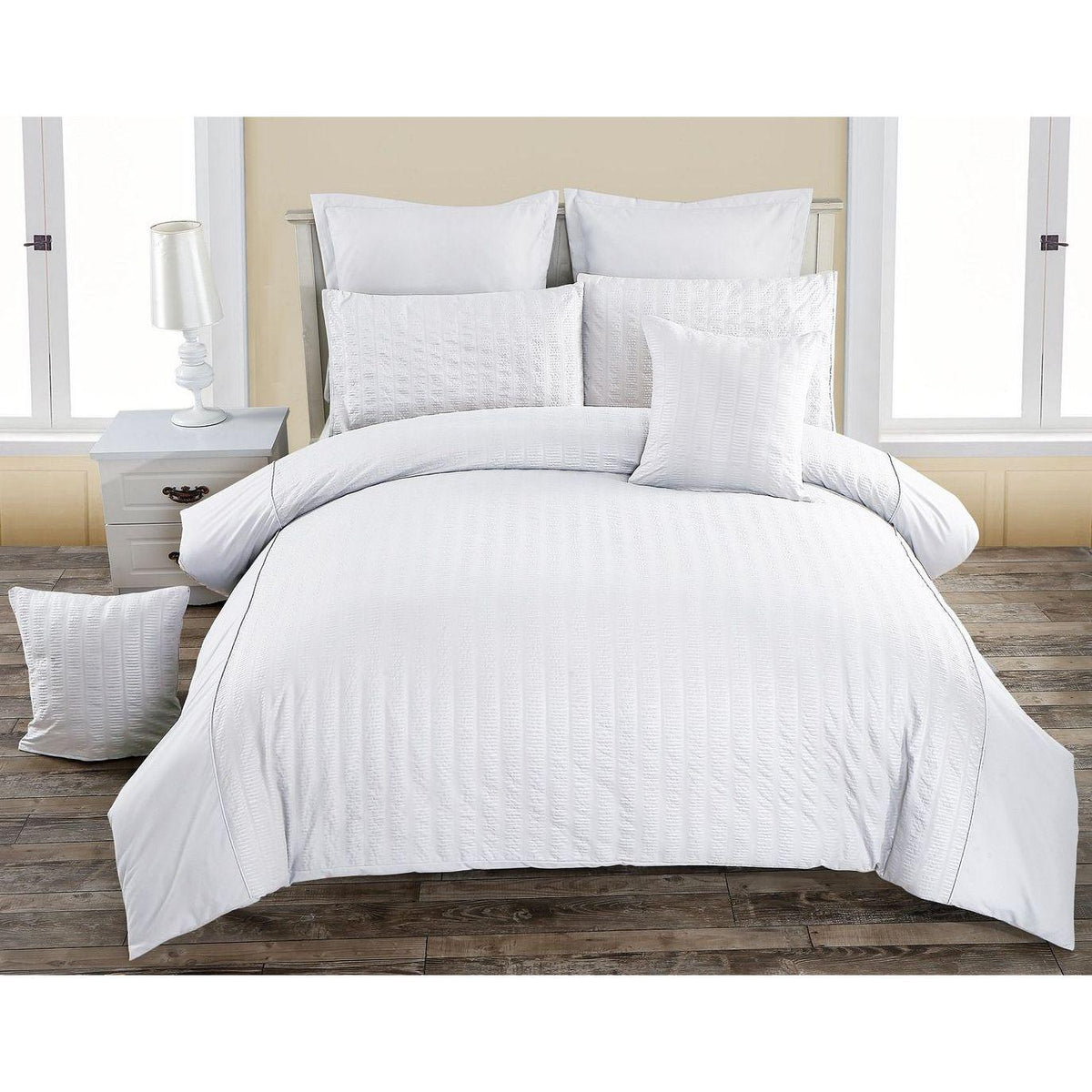 Seersucker Super King Size White Duvet Doona Quilt Cover Set