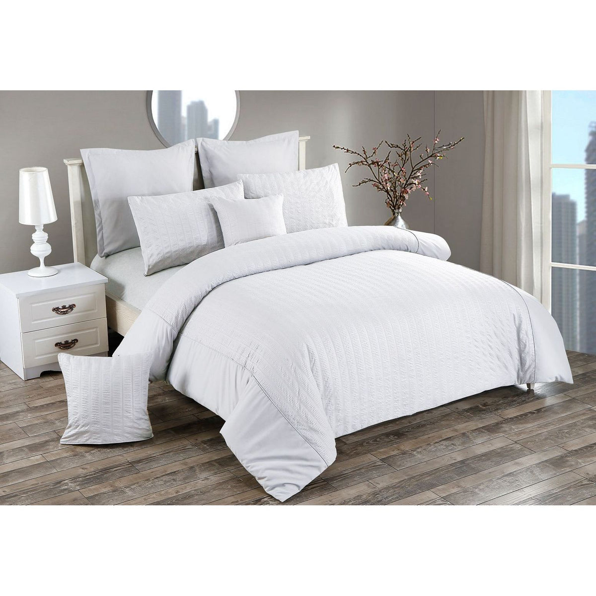Seersucker Super King Size White Duvet Doona Quilt Cover Set