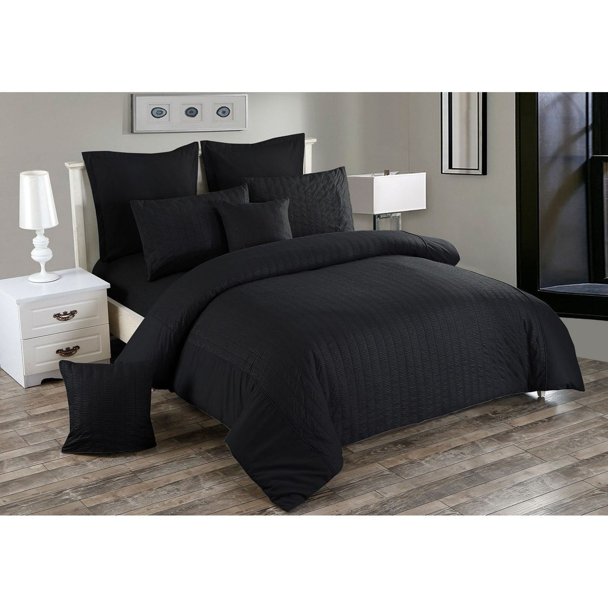 Seersucker Super King Size Black Duvet Doona Quilt Cover Set