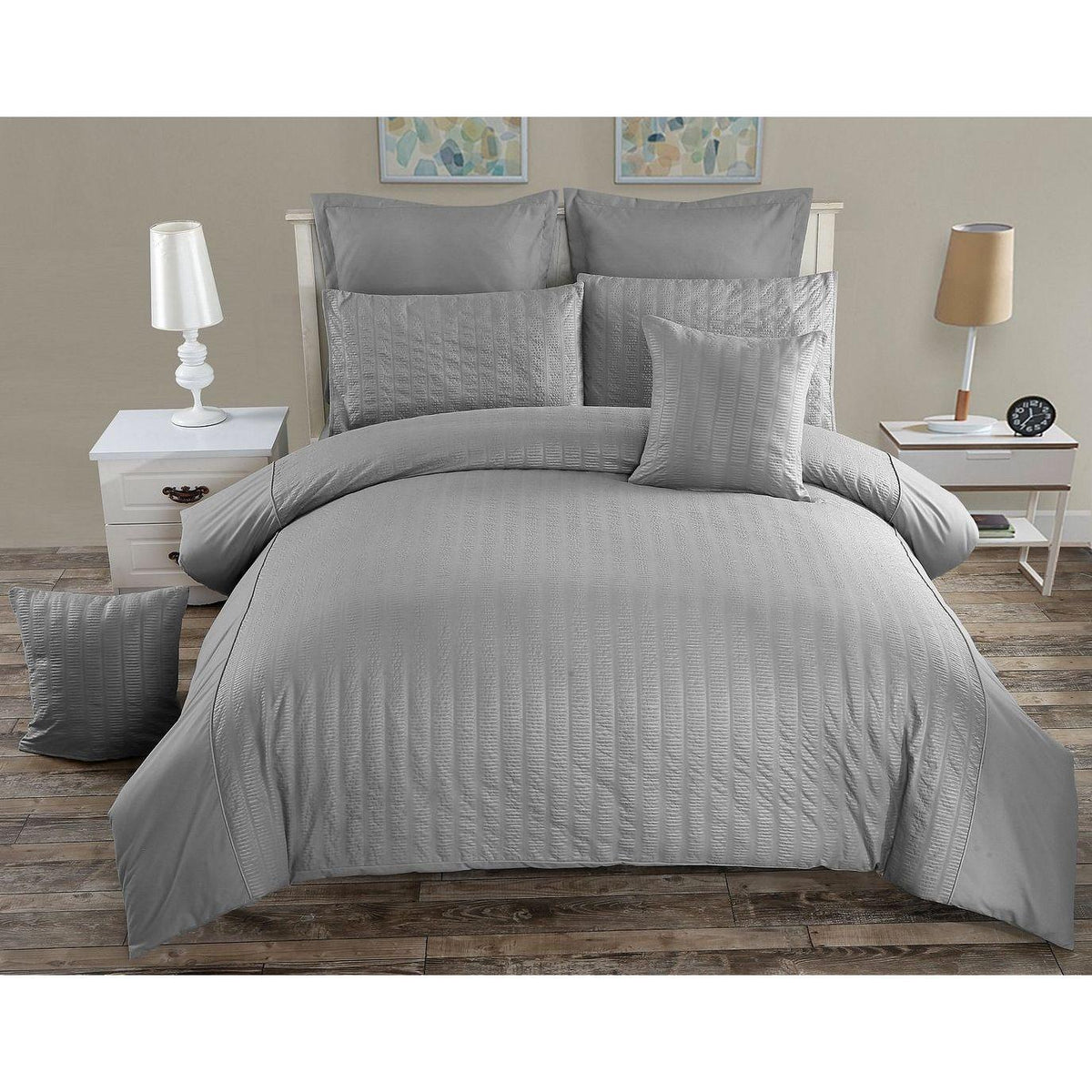 Seersucker Super King Size Grey Duvet Doona Quilt Cover Set