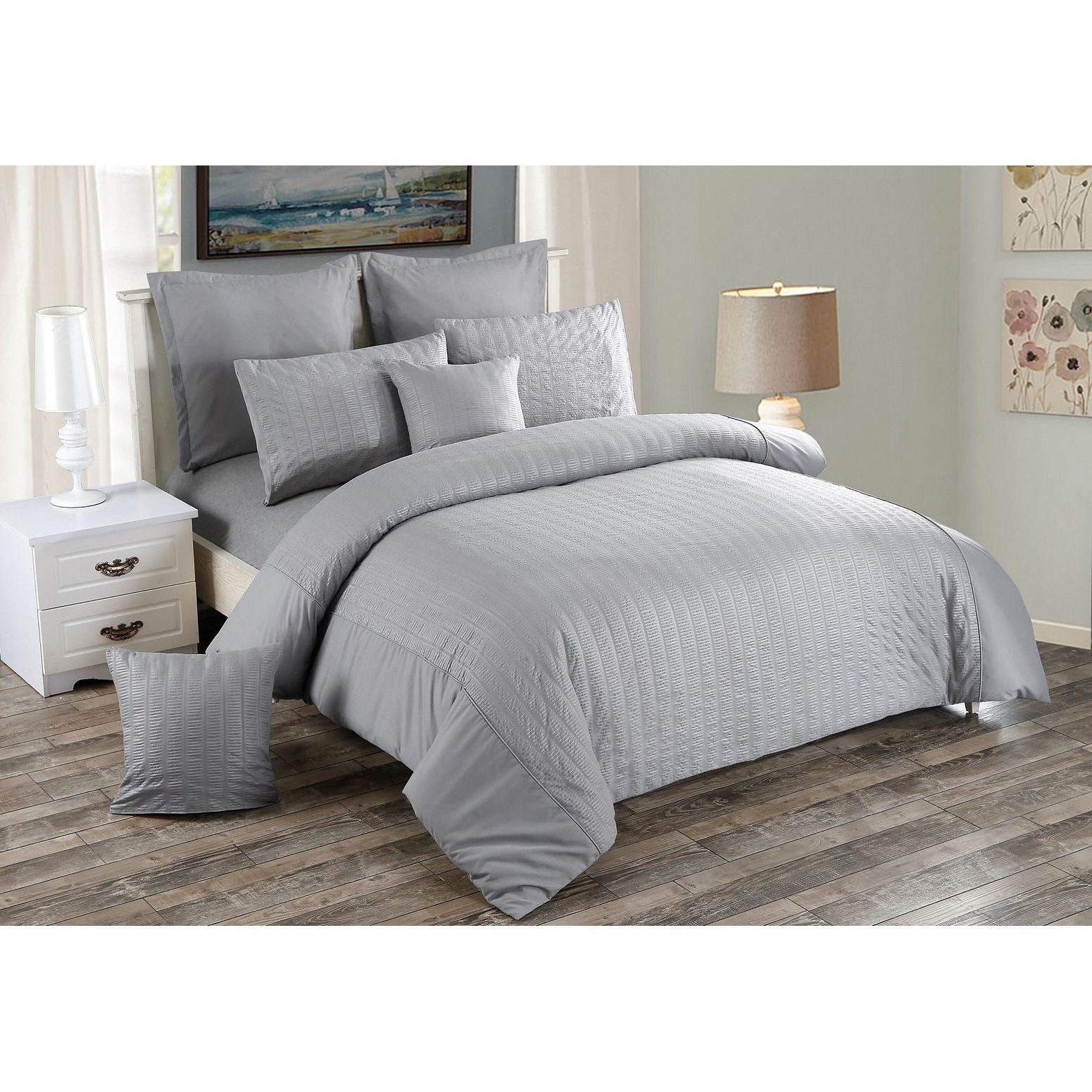 Seersucker Super King Size Grey Duvet Doona Quilt Cover Set
