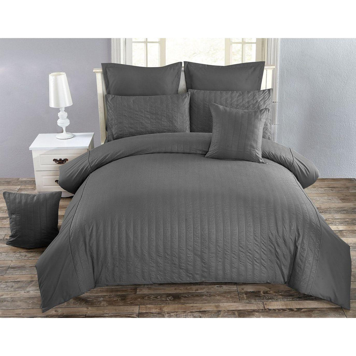 Seersucker Super King Size Charcoal Duvet Doona Quilt Cover Set