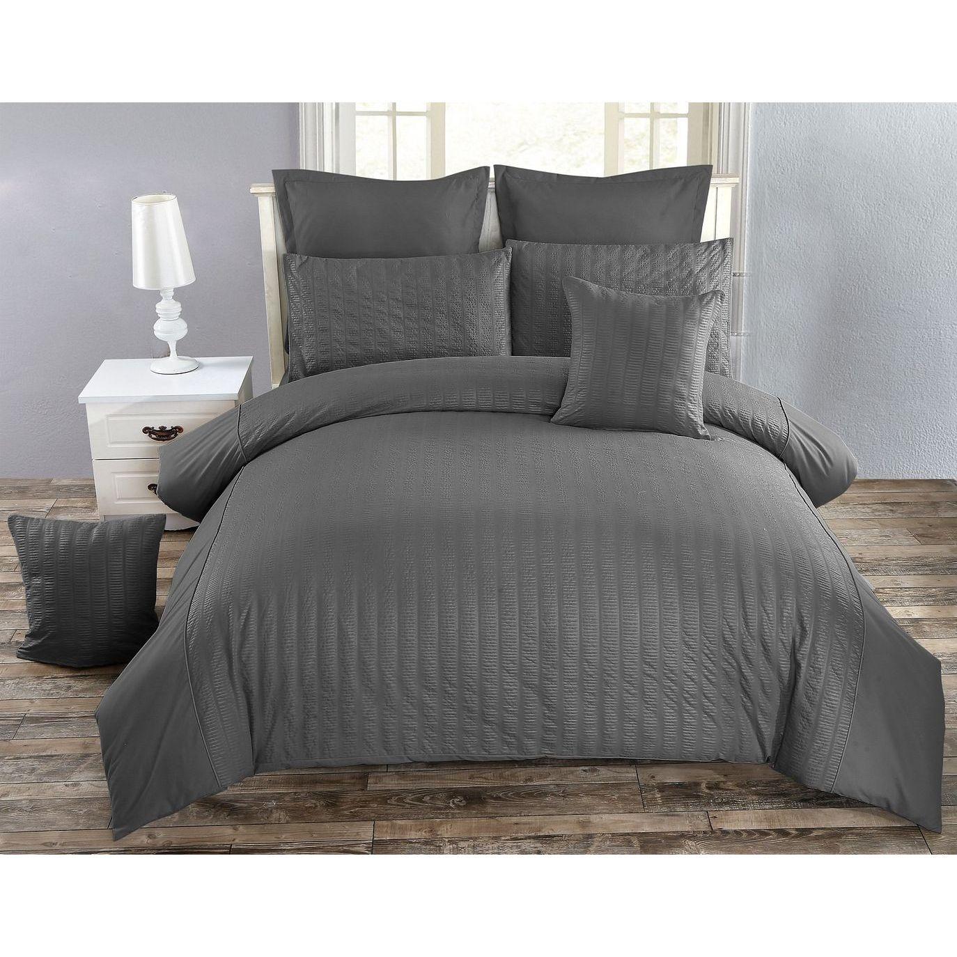 Seersucker Super King Size Charcoal Duvet Doona Quilt Cover Set