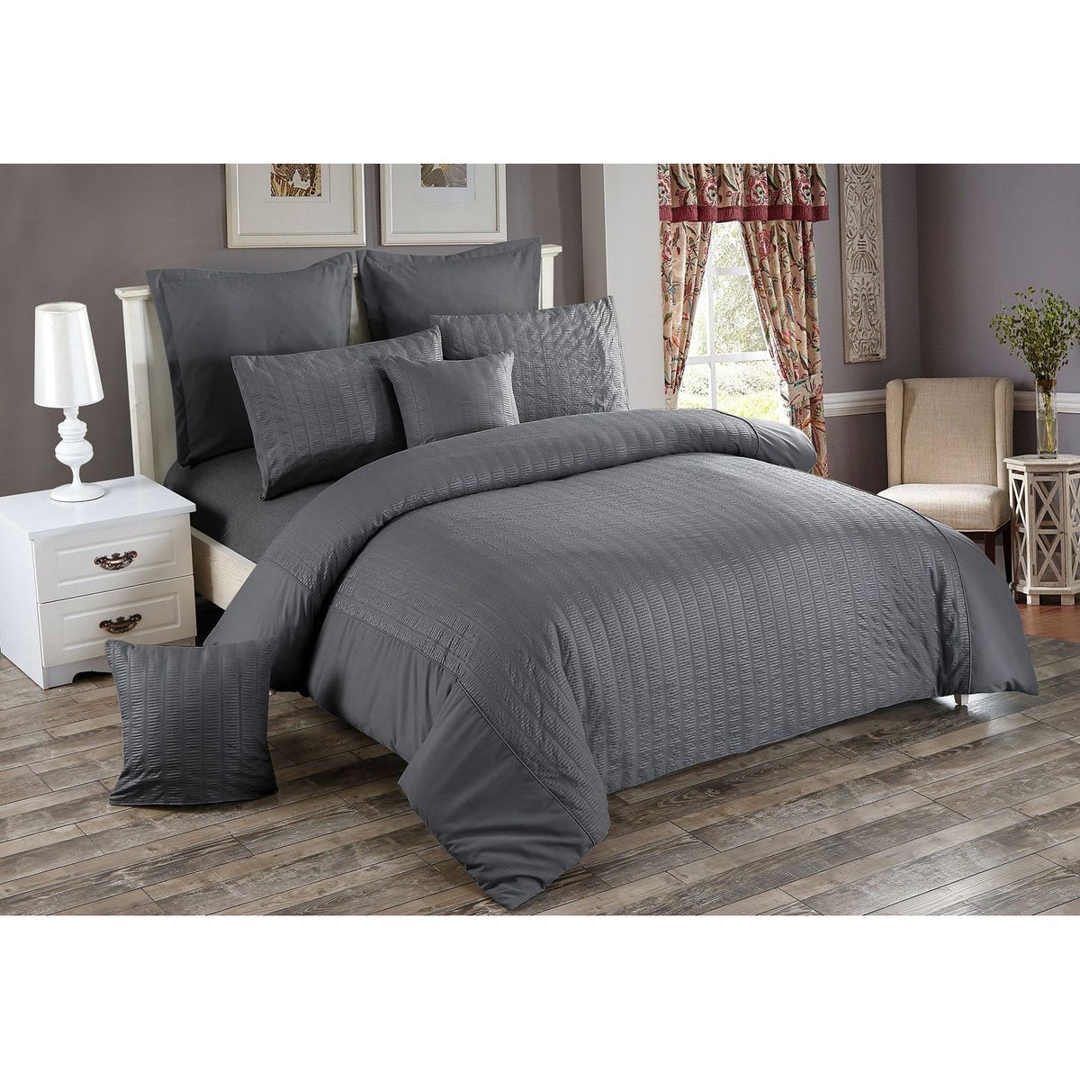 Seersucker Super King Size Charcoal Duvet Doona Quilt Cover Set