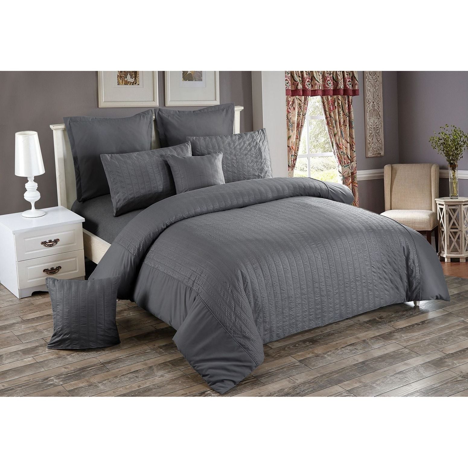 Seersucker Super King Size Charcoal Duvet Doona Quilt Cover Set