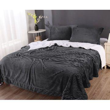 stripe flannel sherpa blanket queen charcoal