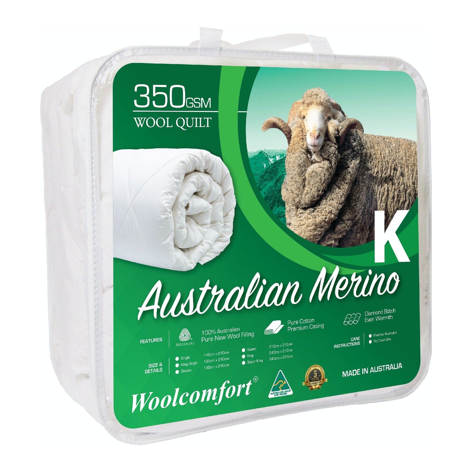 Woolcomfort Aus Made Merino Wool Quilt 350GSM 240x210cm King Size