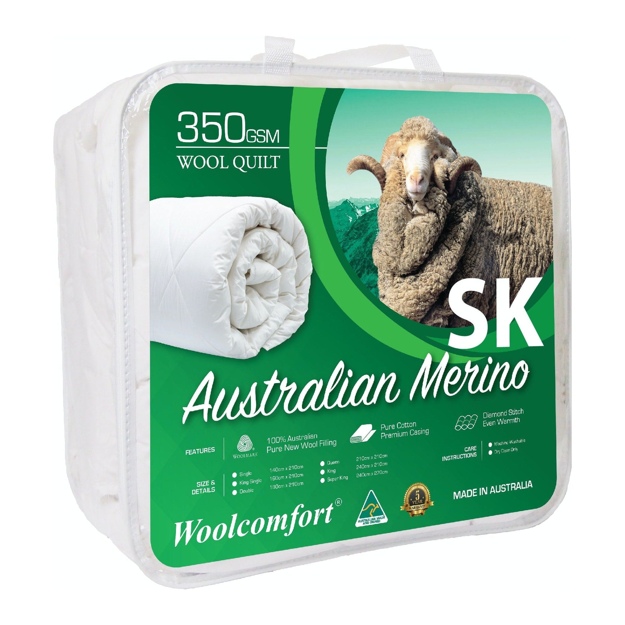 Woolcomfort Aus Made Merino Wool Quilt 350GSM 270x240cm Super King Size