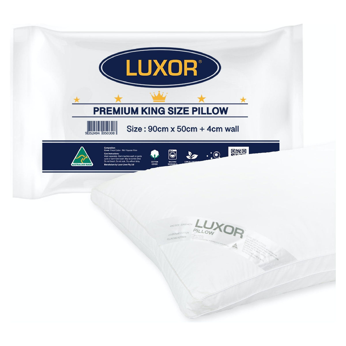 Luxor Australian Made Hotel King Size Pillow with 4cm Wall Single Pack
