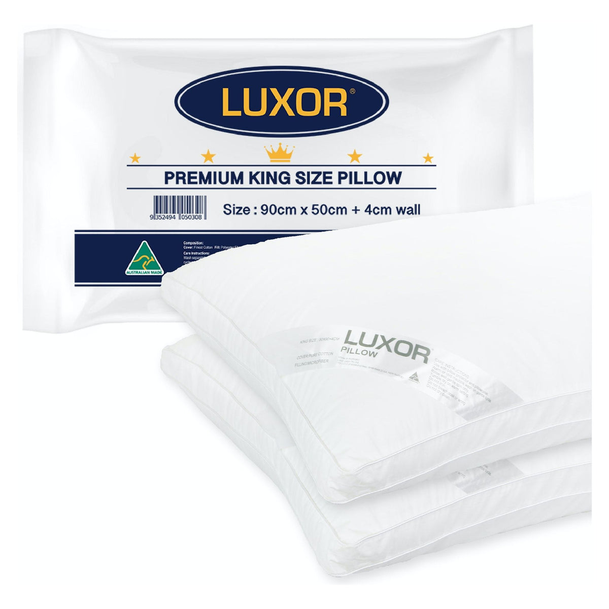 Luxor Australian Made Hotel King Size Pillow with 4cm Wall Twin Pack