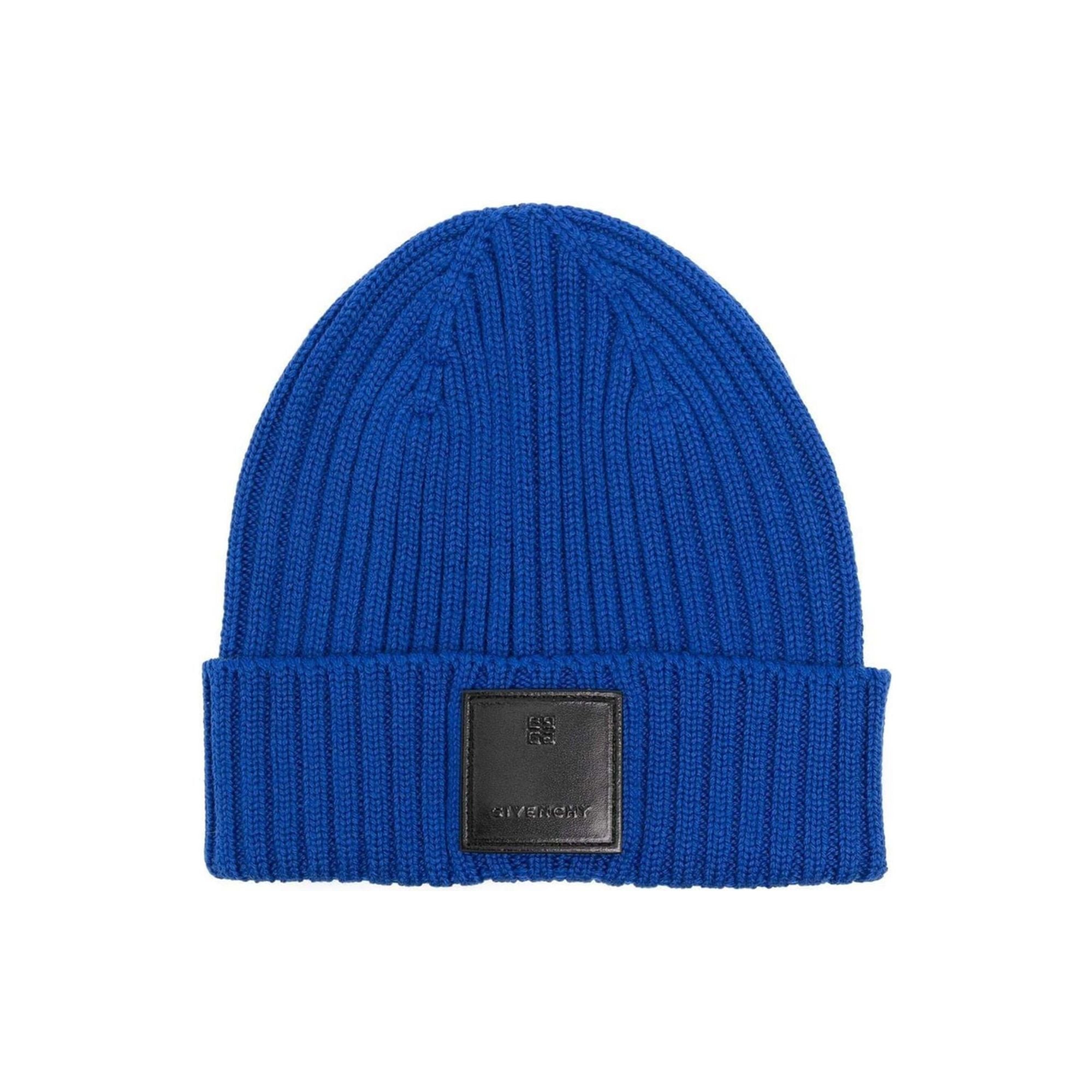 Authentic Givenchy Blue Wool Beanie Cap with Leather Logo Tag