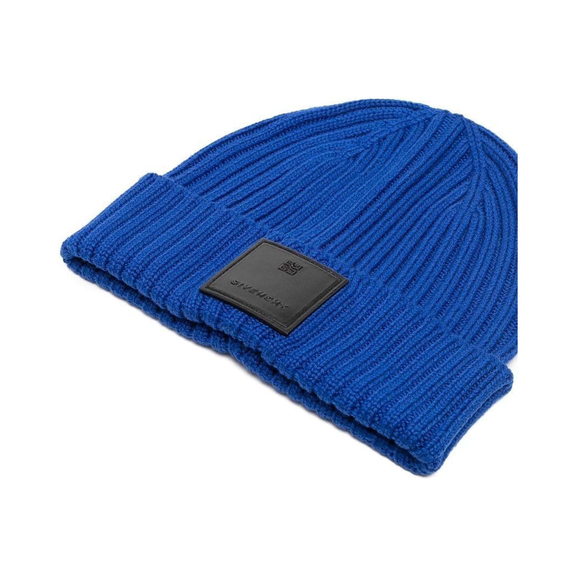 Authentic Givenchy Blue Wool Beanie Cap with Leather Logo Tag