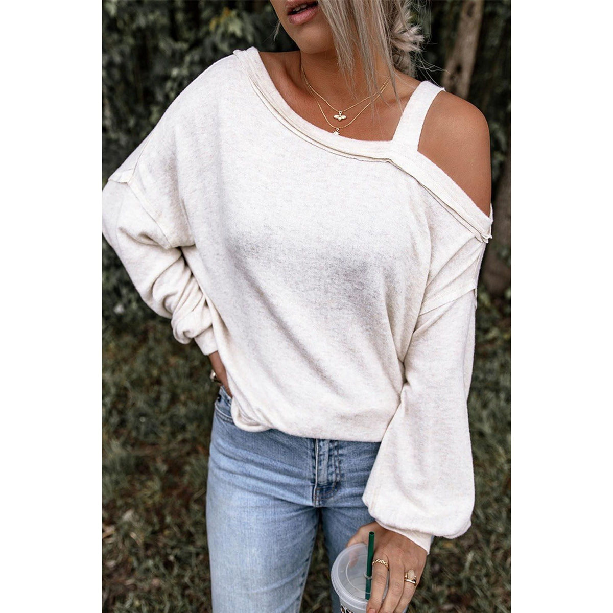 Azura Exchange Asymmetric Dew Shoulder Long Sleeve Top - L