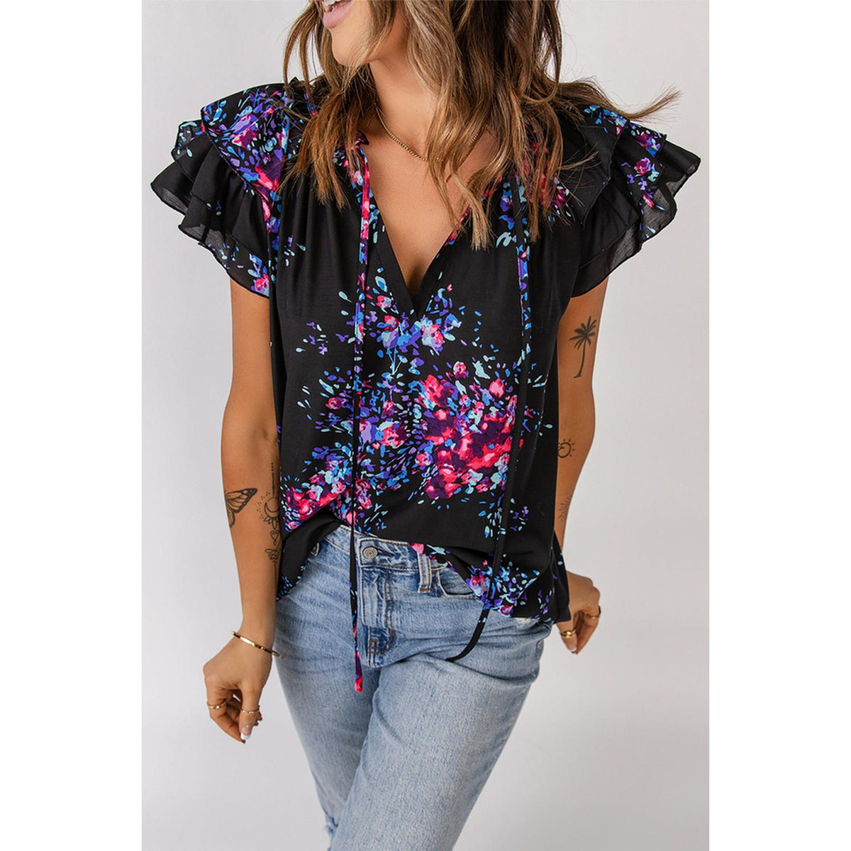 Azura Exchange Butterfly Sleeves Tie-dye Print Blouse - M