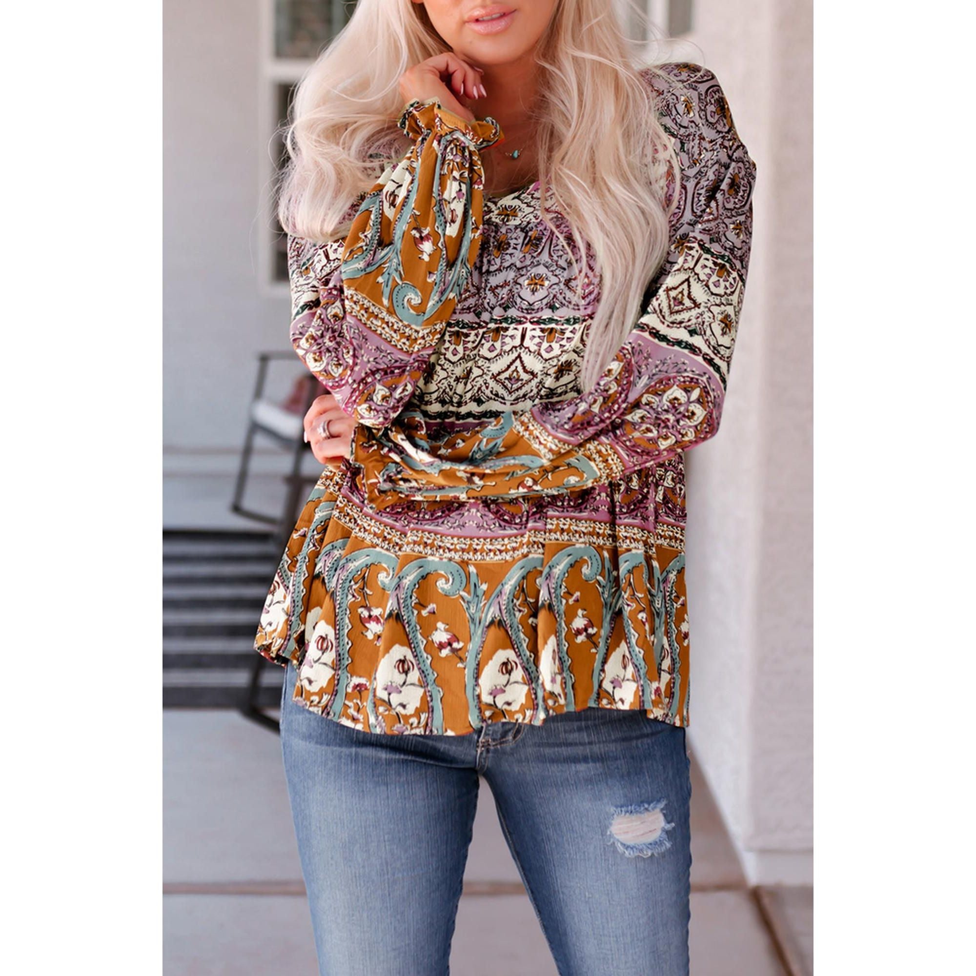 Azura Exchange Boho Print V Neck Bubble Sleeve Blouse - L